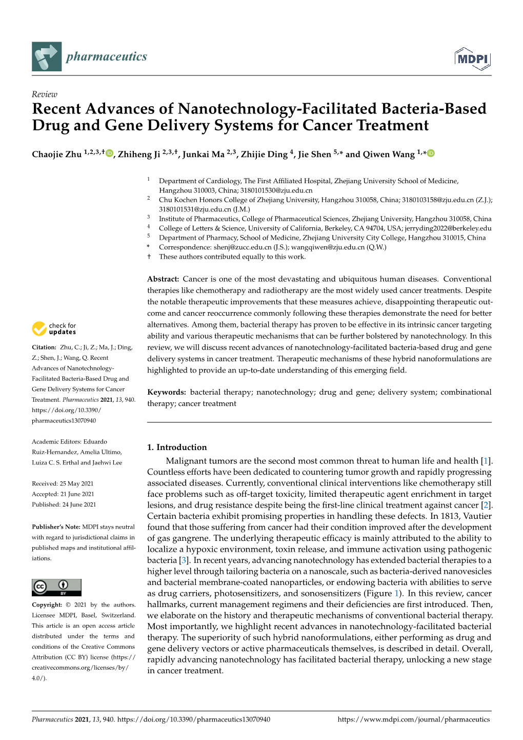 Recent Advances of Nanotechnology-Facilitated Bacteria-Based Drug and Gene Delivery Systems for Cancer Treatment