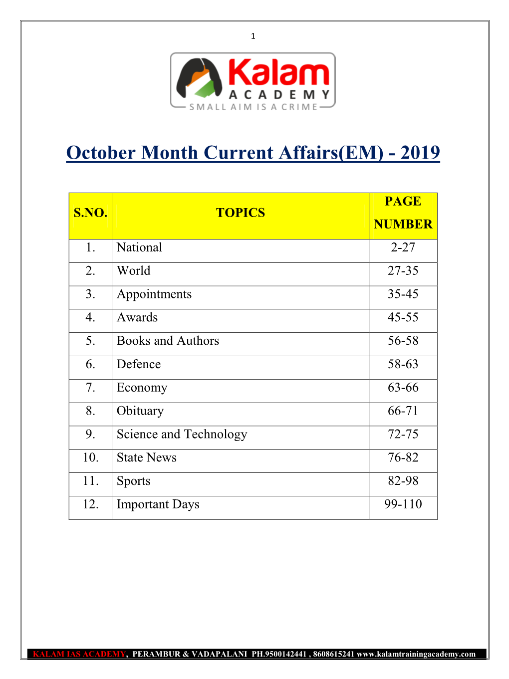 October Month Current Affairs(EM) - 2019