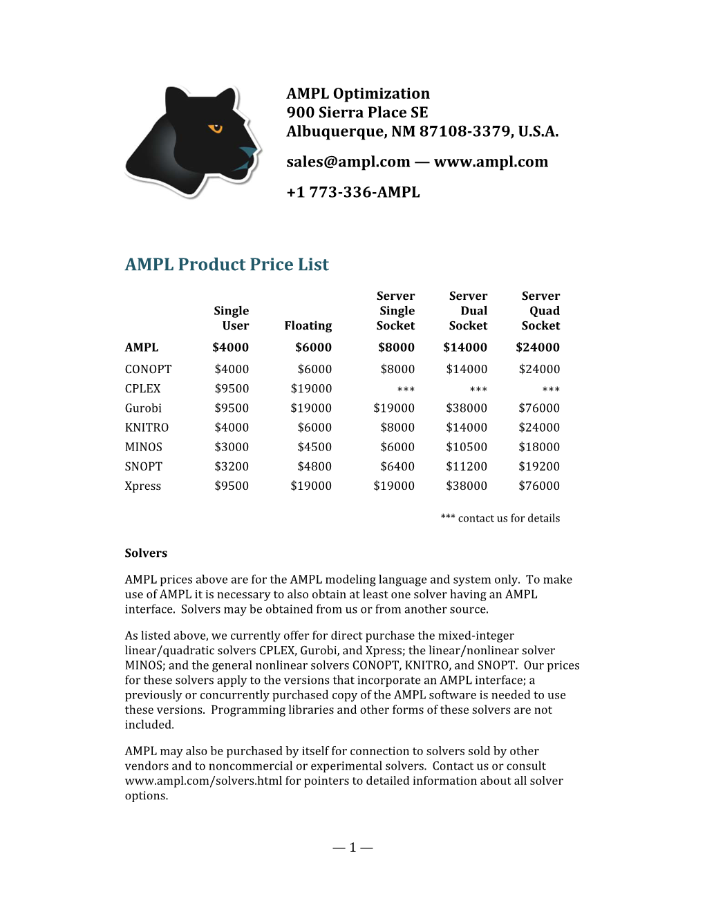 AMPL Product Price List