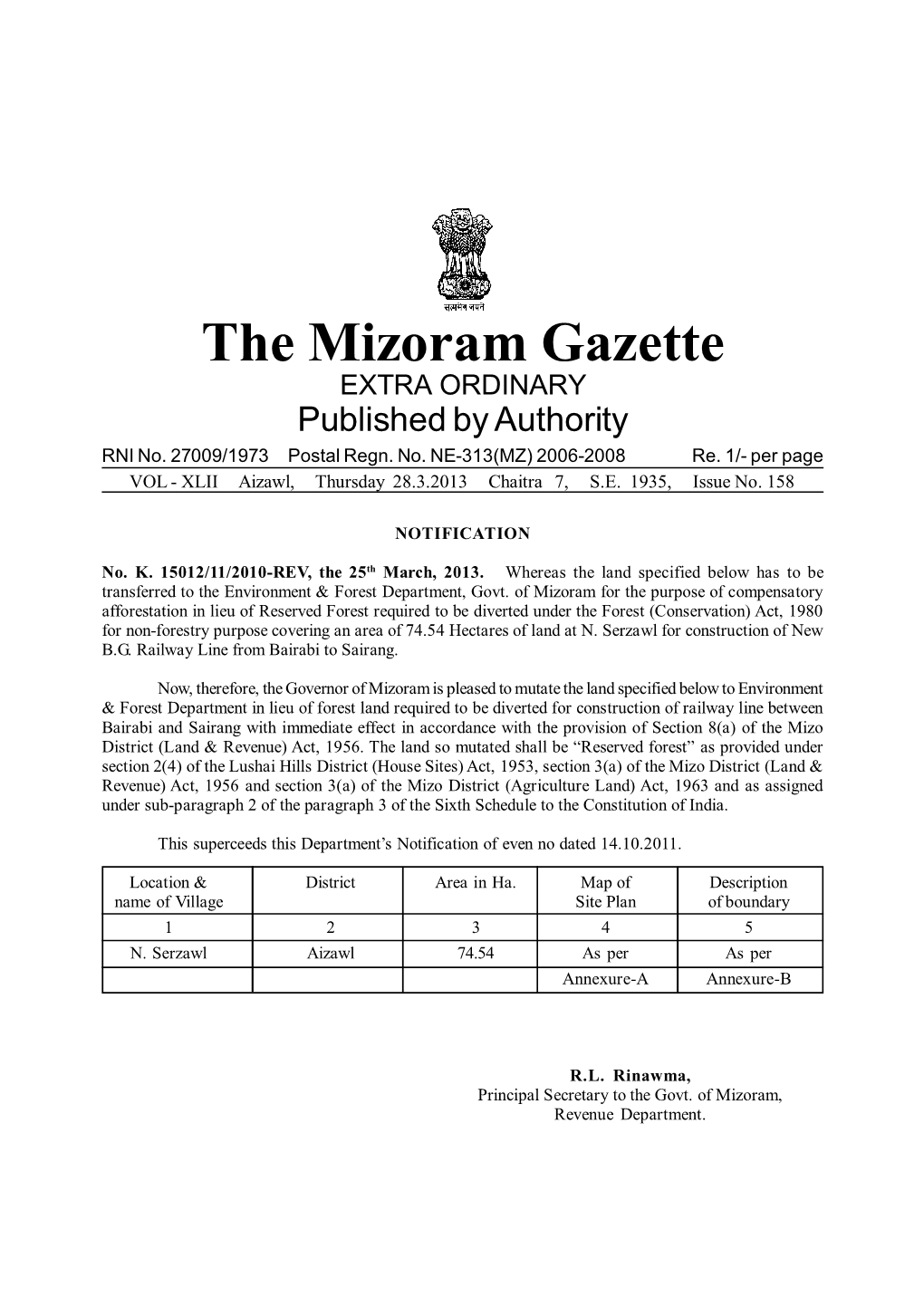 The Mizoram Gazette EXTRA ORDINARY Published by Authority RNI No