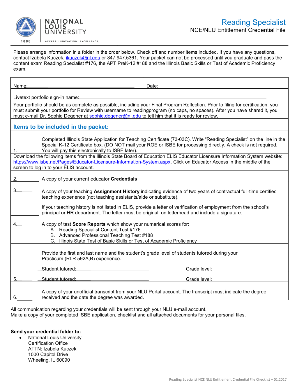 Reading Specialist NCE/NLU Entitlement Credential File