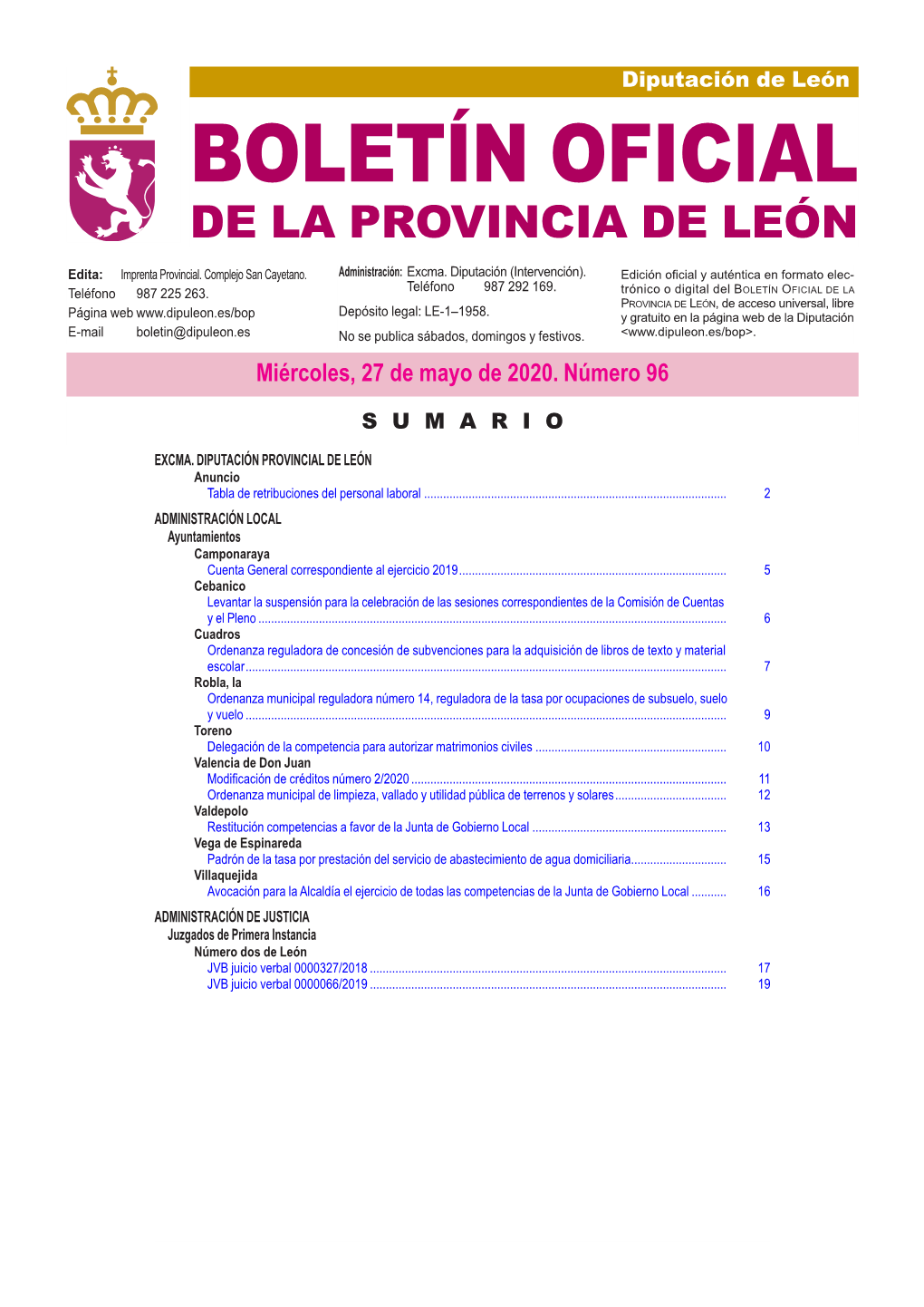 BOLETÍN OFICIAL DE LA PROVINCIA DE LEÓN Edita: Imprenta Provincial