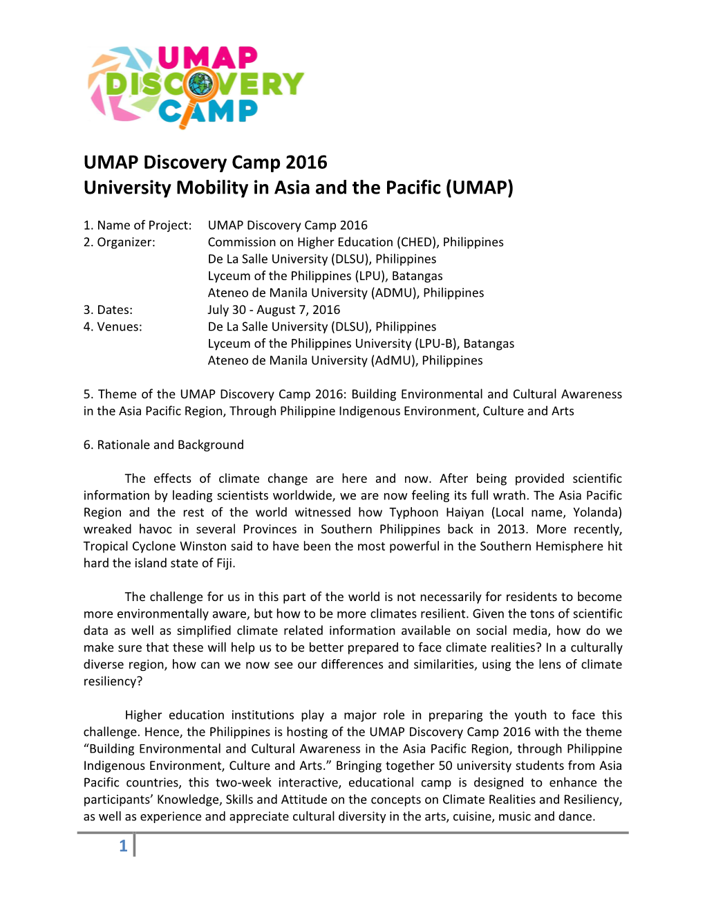 UMAP Discovery Camp 2016 University Mobility in Asia and the Pacific (UMAP)