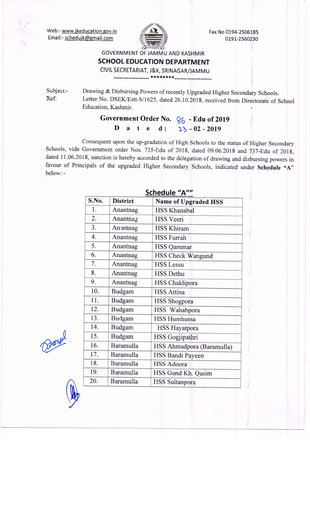 D ^ T E D: )-B-02-2019 Consequent Upon the Up-Gradaticn of High Schools to the Status of Higher Secondary Schools, Vide Government Order Nos