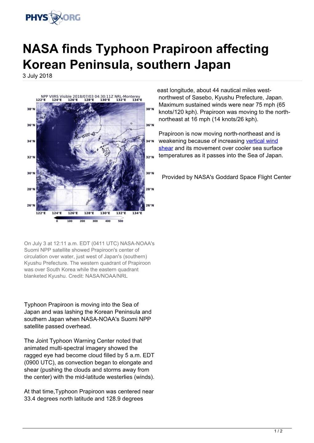 NASA Finds Typhoon Prapiroon Affecting Korean Peninsula, Southern Japan 3 July 2018