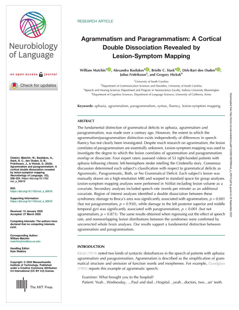 Agrammatism and Paragrammatism: a Cortical Double Dissociation Revealed by Lesion-Symptom Mapping