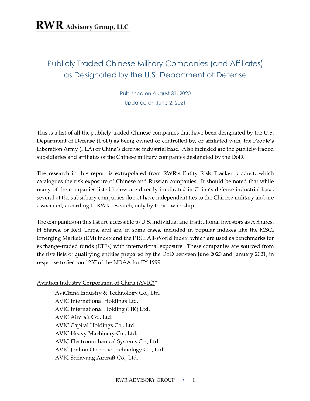 Publicly Traded Chinese Military Companies (And Affiliates) As Designated by the U.S
