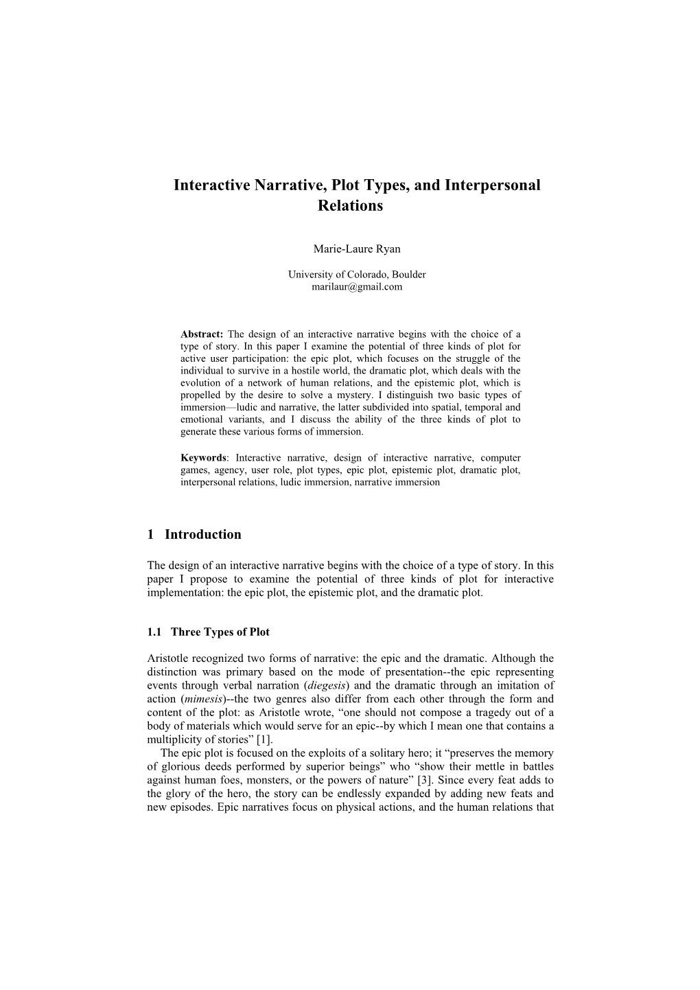 Interactive Narrative, Plot Types, and Interpersonal Relations