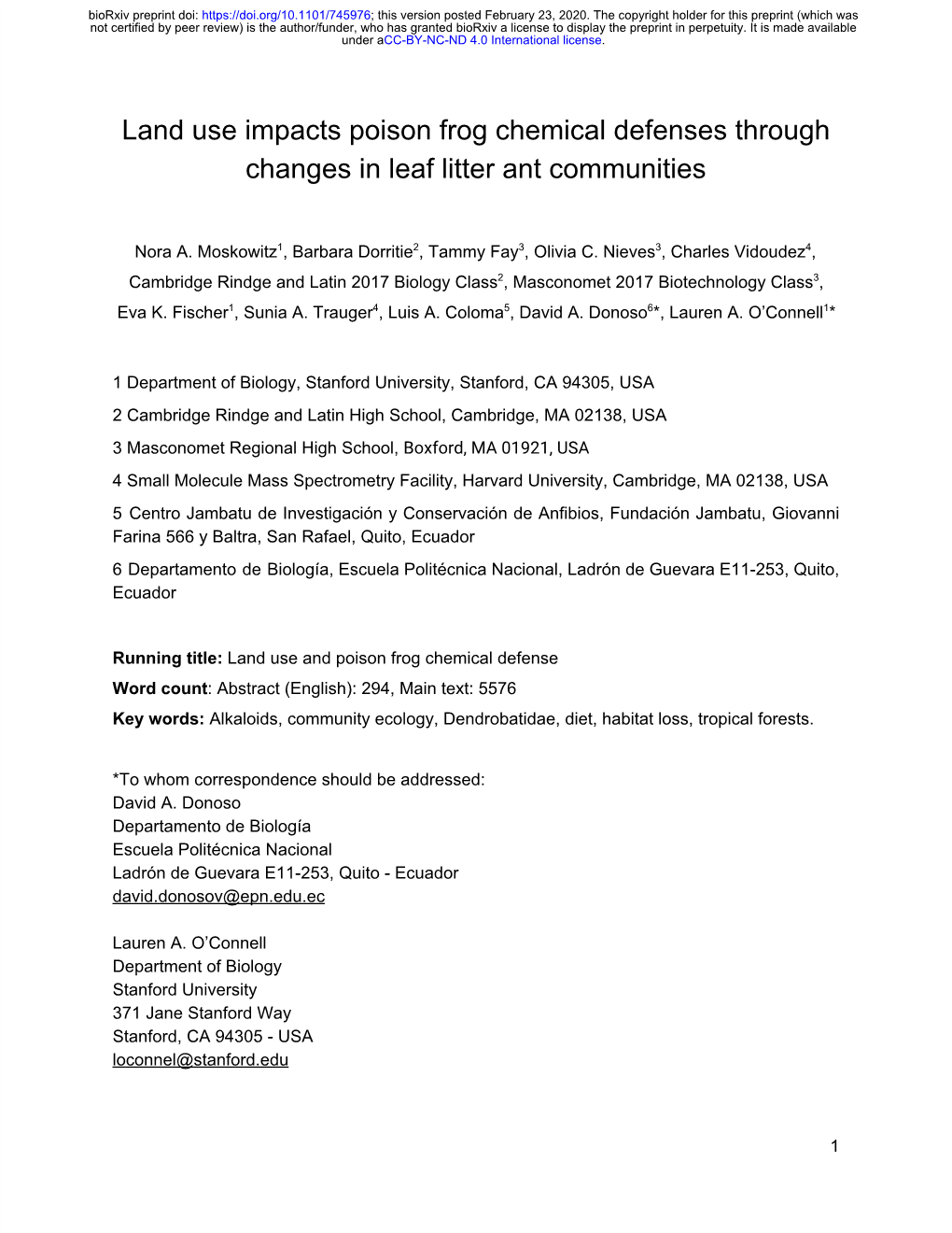 Land Use Impacts Poison Frog Chemical Defenses Through Changes in Leaf Litter Ant Communities