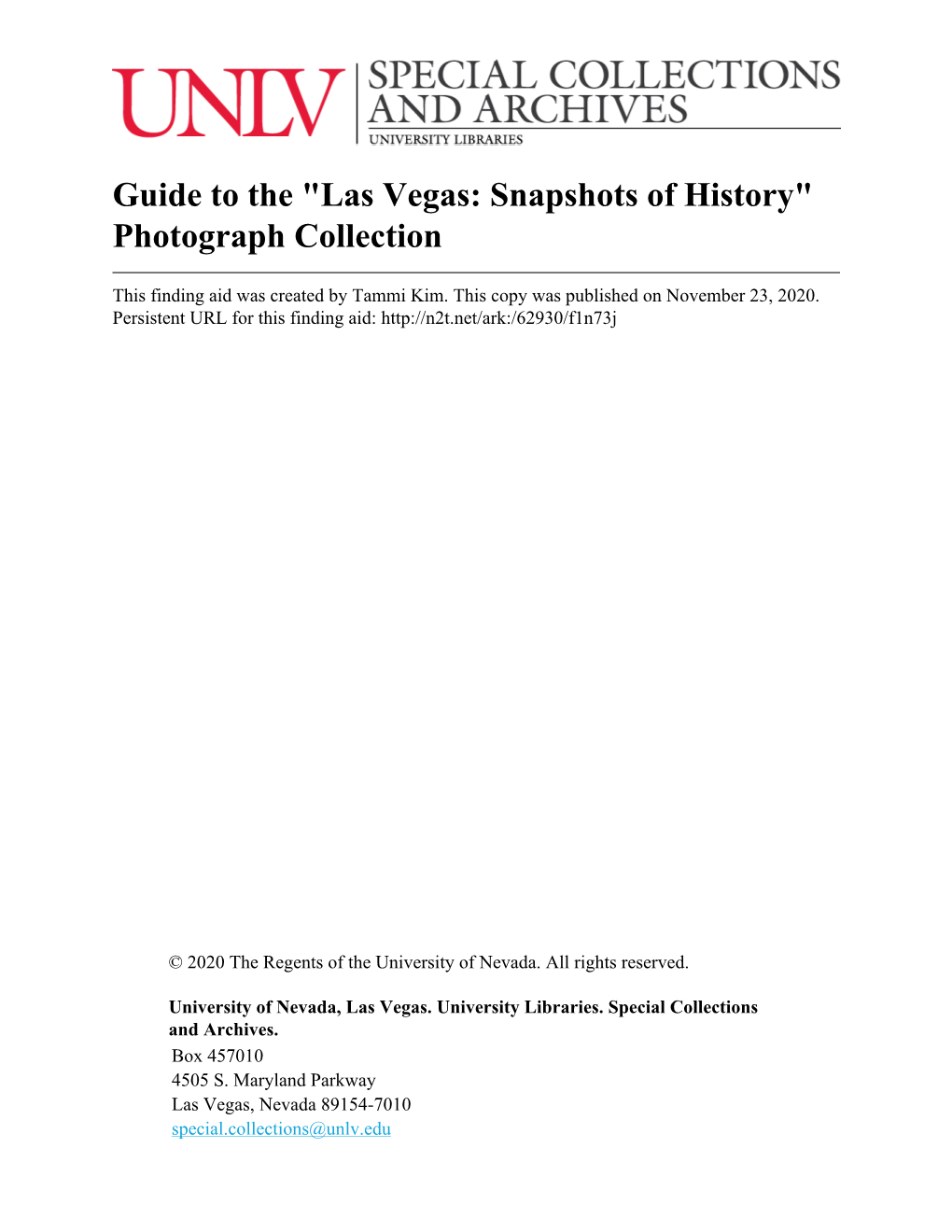 Guide to the "Las Vegas: Snapshots of History" Photograph Collection