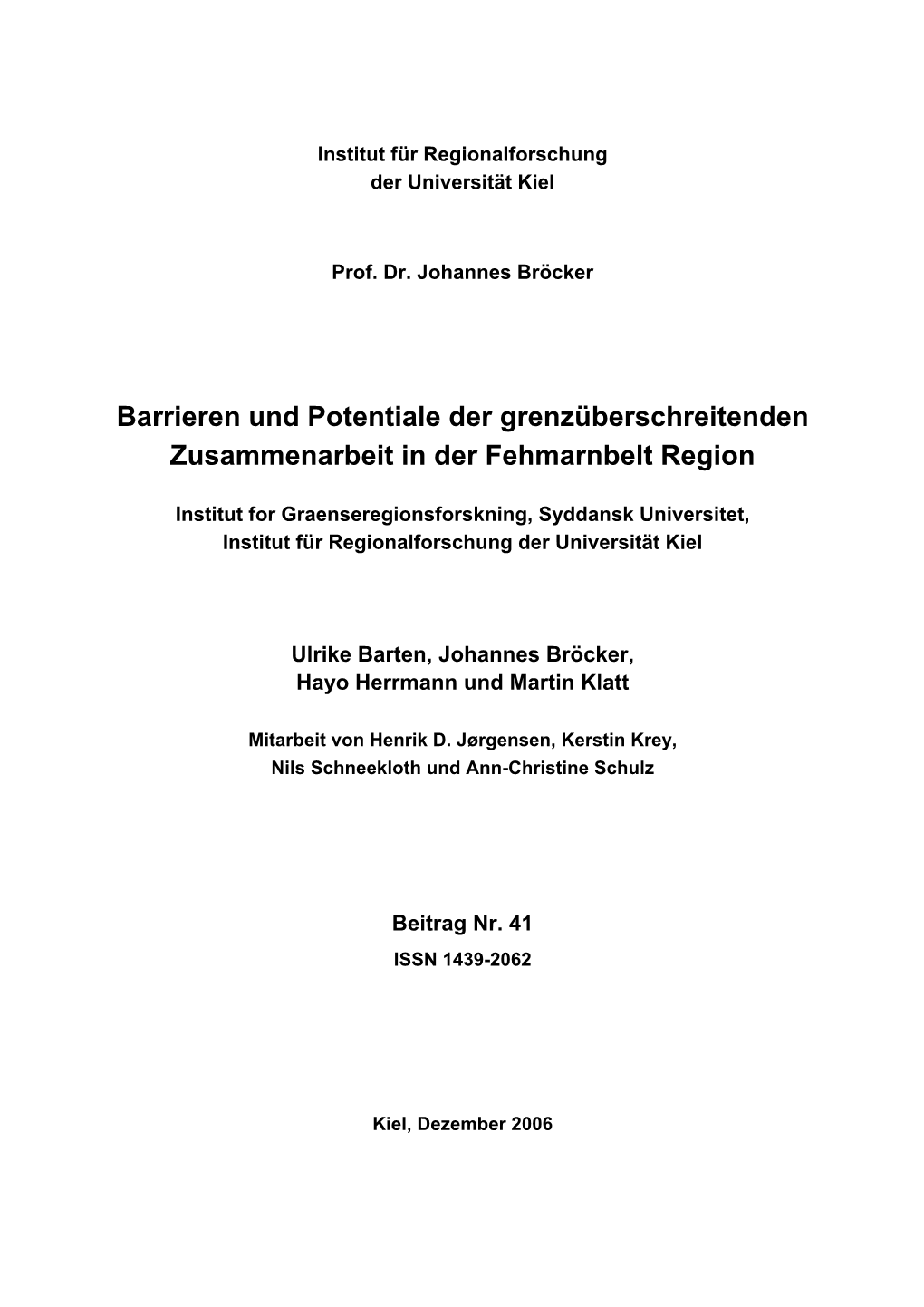 Barrieren Und Potentiale Der Grenzüberschreitenden Zusammenarbeit in Der Fehmarnbelt Region