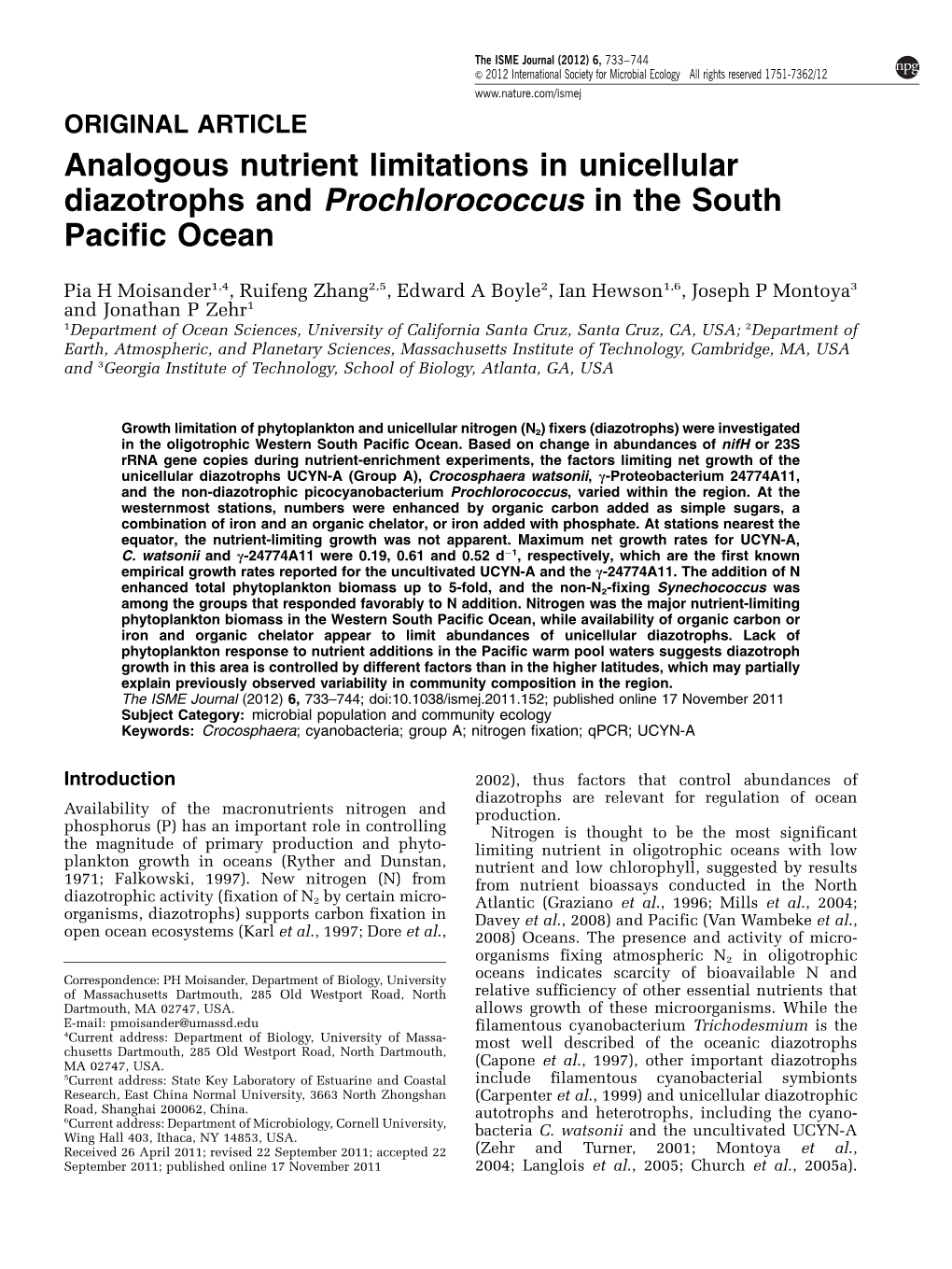 Analogous Nutrient Limitations in Unicellular Diazotrophs and Prochlorococcus in the South Pacific Ocean