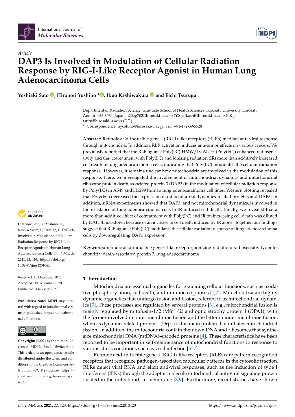 DAP3 Is Involved in Modulation of Cellular Radiation Response by RIG-I-Like Receptor Agonist in Human Lung Adenocarcinoma Cells