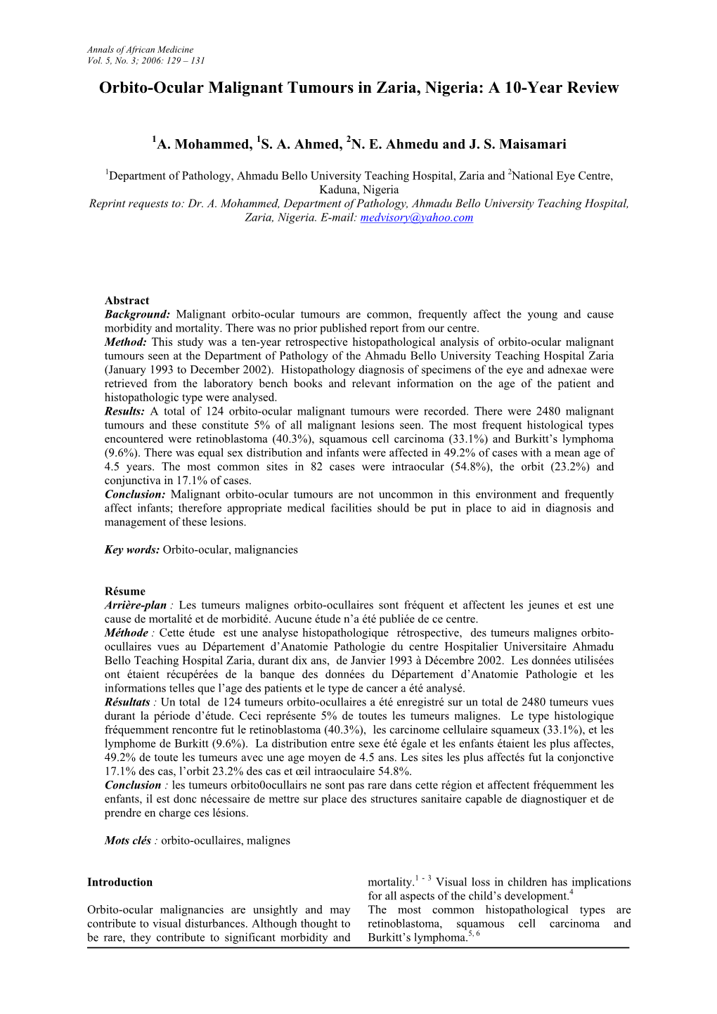 Orbito-Ocular Malignant Tumours in Zaria, Nigeria: a 10-Year Review