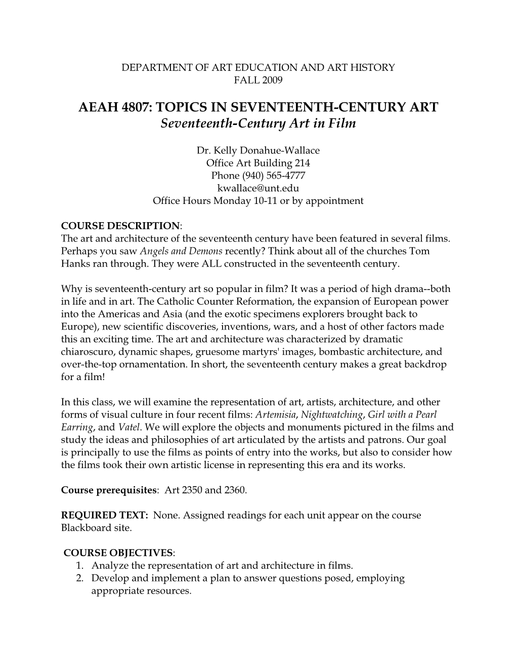 AEAH 4807: TOPICS in SEVENTEENTH-CENTURY ART Seventeenth-Century Art in Film