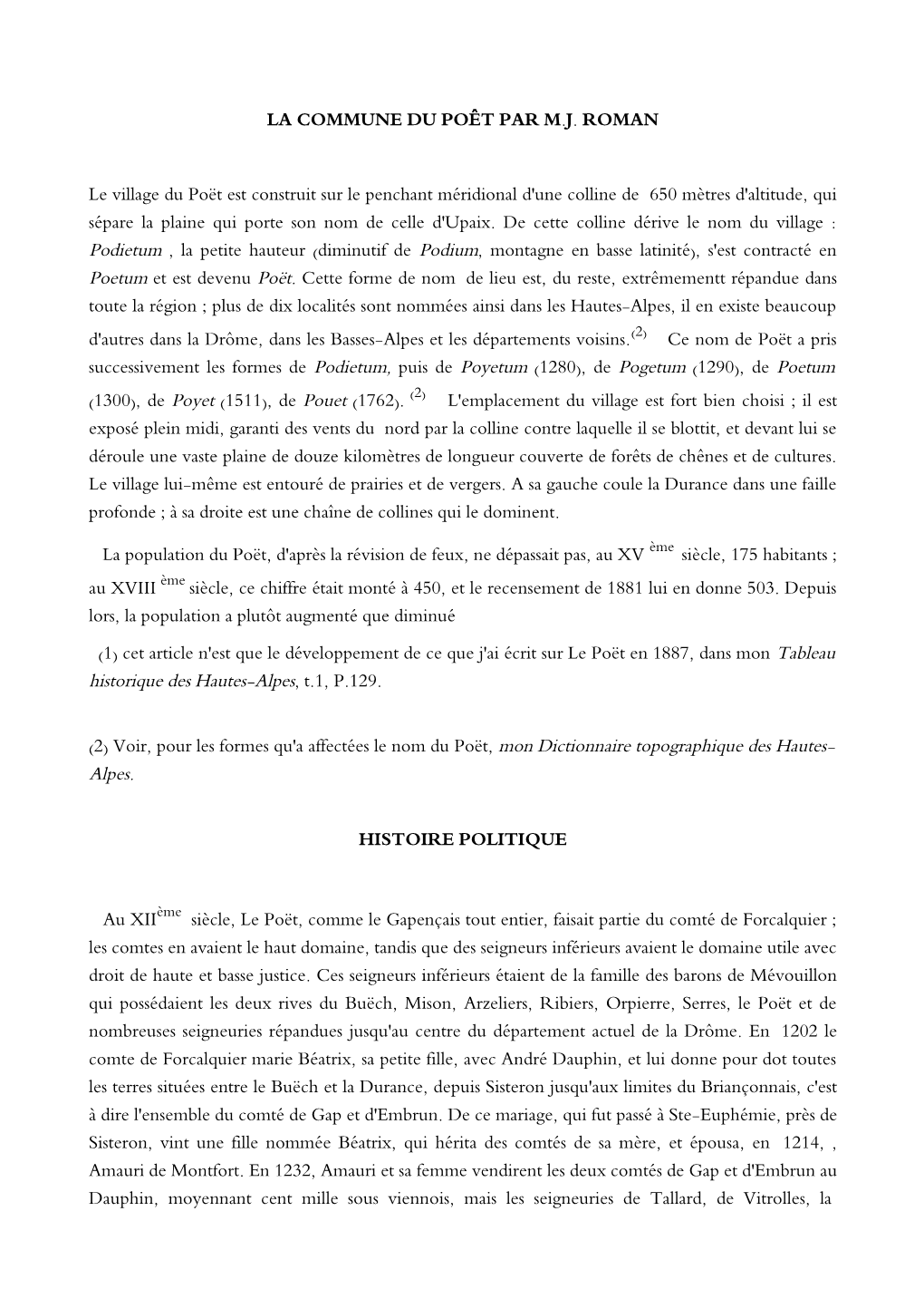 LA COMMUNE DU POÊT PAR M.J. ROMAN Le Village Du Poët Est Construit Sur Le Penchant Méridional D'une Colline De 650 Mètres D