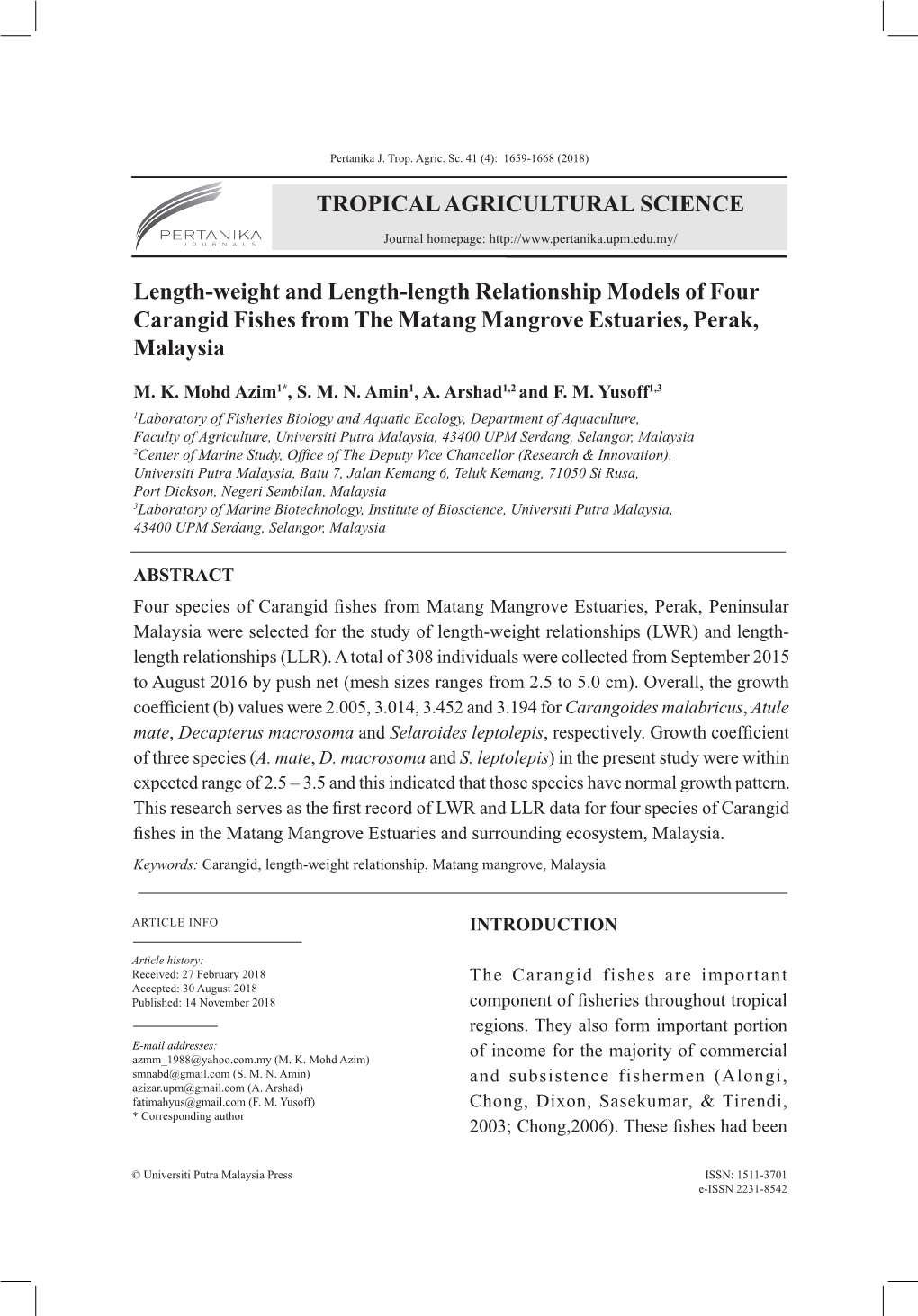 TROPICAL AGRICULTURAL SCIENCE Length-Weight And