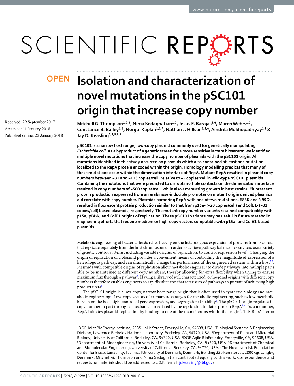 Isolation and Characterization of Novel Mutations in the Psc101 Origin That Increase Copy Number Received: 29 September 2017 Mitchell G