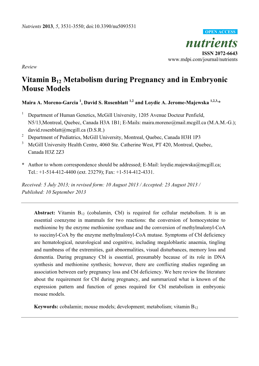 Vitamin B12 Metabolism During Pregnancy and in Embryonic Mouse Models