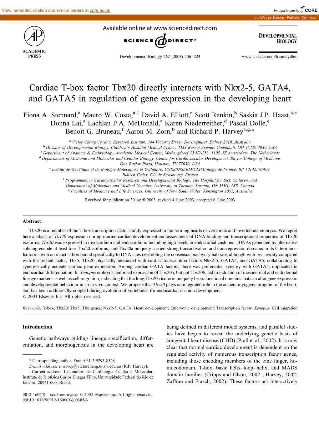 Cardiac T-Box Factor Tbx20 Directly Interacts with Nkx2-5, GATA4, and GATA5 in Regulation of Gene Expression in the Developing Heart