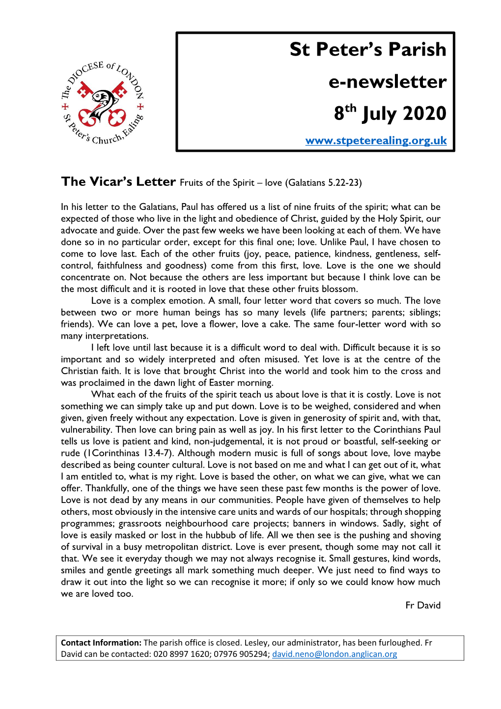 St Peter's Parish E-Newsletter 8Th July 2020