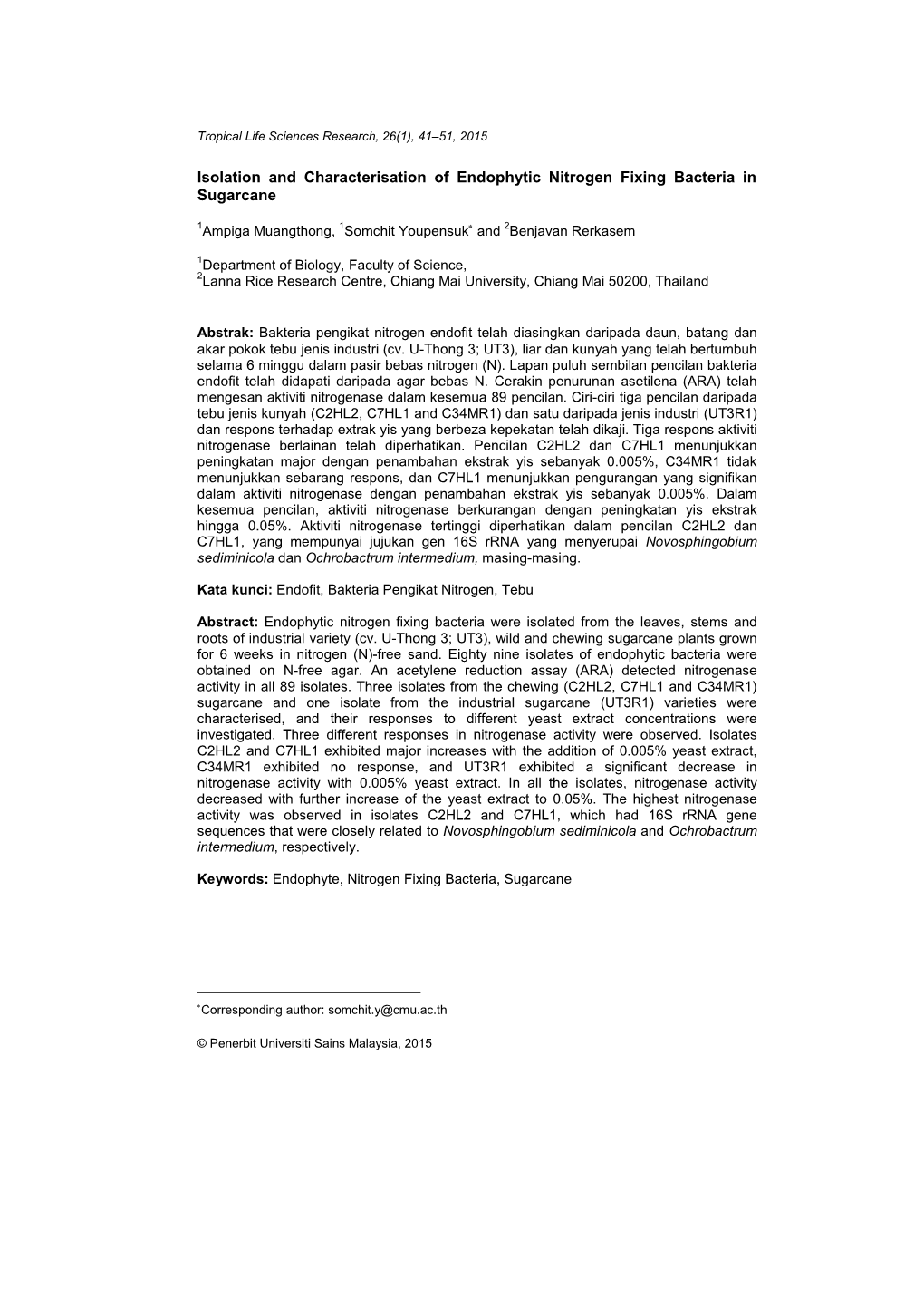 Isolation and Characterisation of Endophytic Nitrogen Fixing Bacteria in Sugarcane