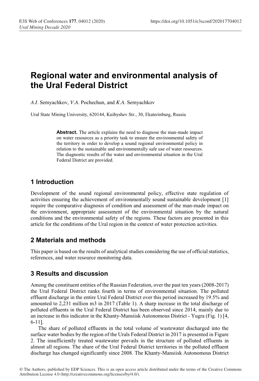 Regional Water and Environmental Analysis of the Ural Federal District