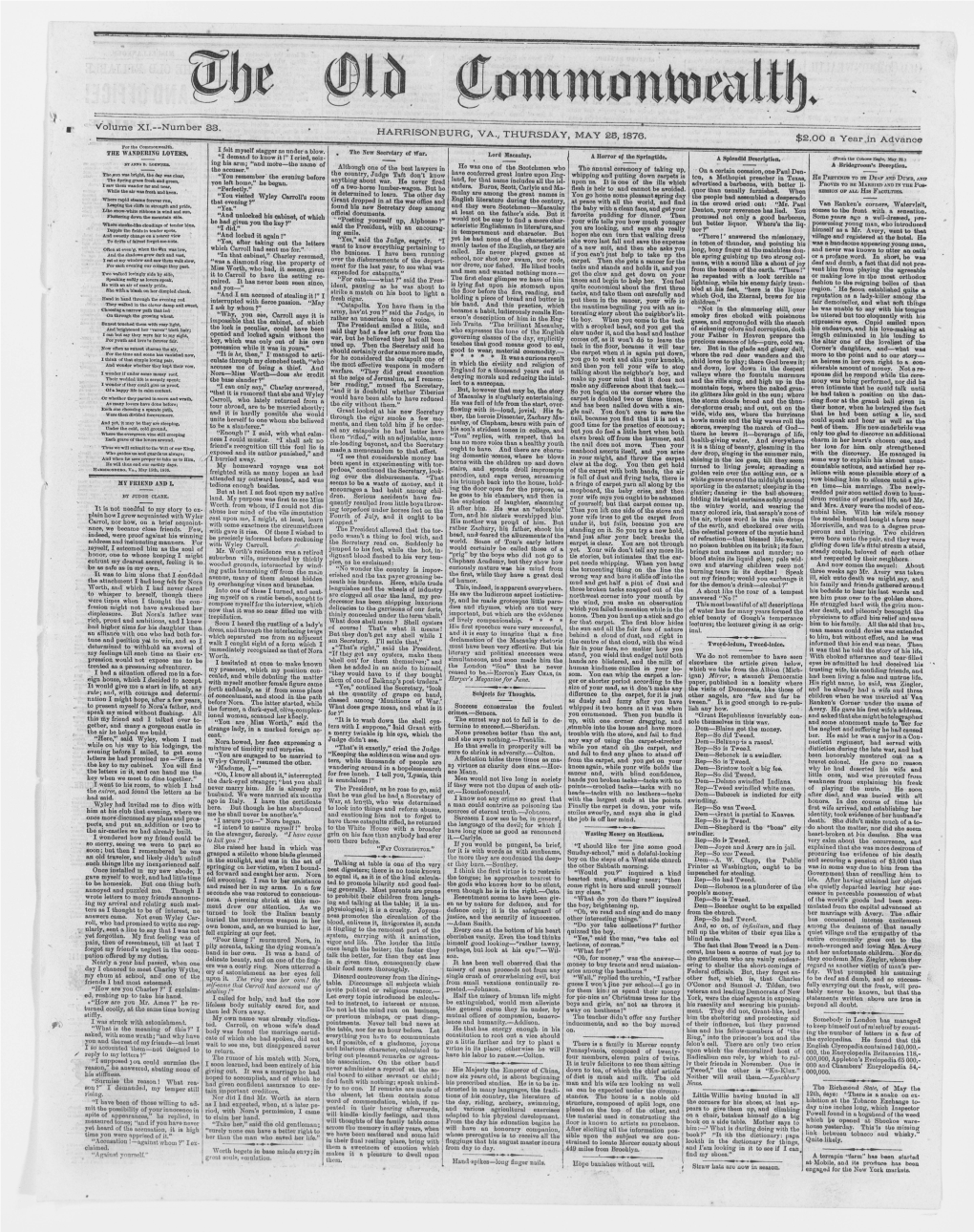 Volume XI,—Number 33. HARRISONJBURG, VA, THURSDAY, MAY 28, 1876