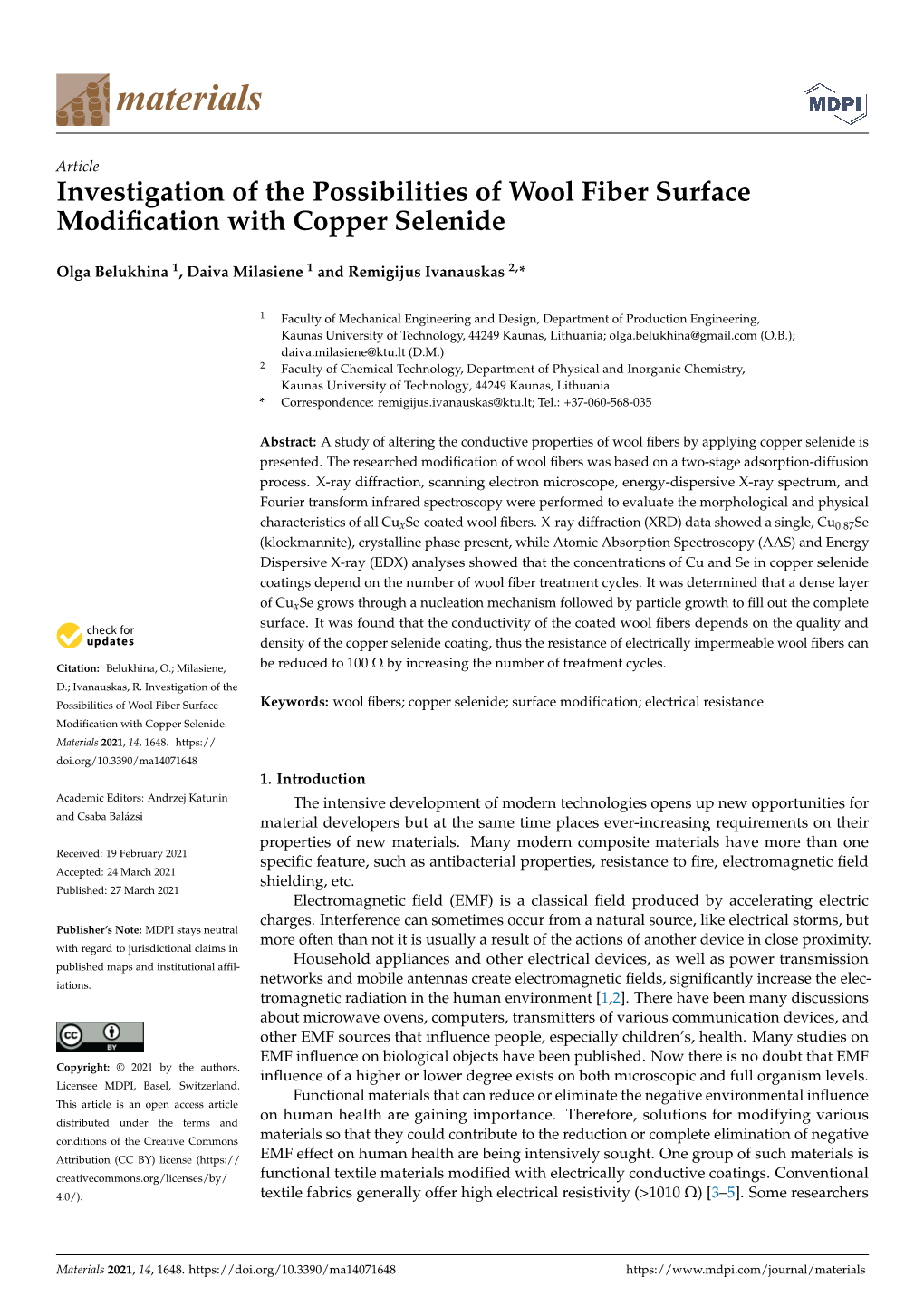 Investigation of the Possibilities of Wool Fiber Surface Modification