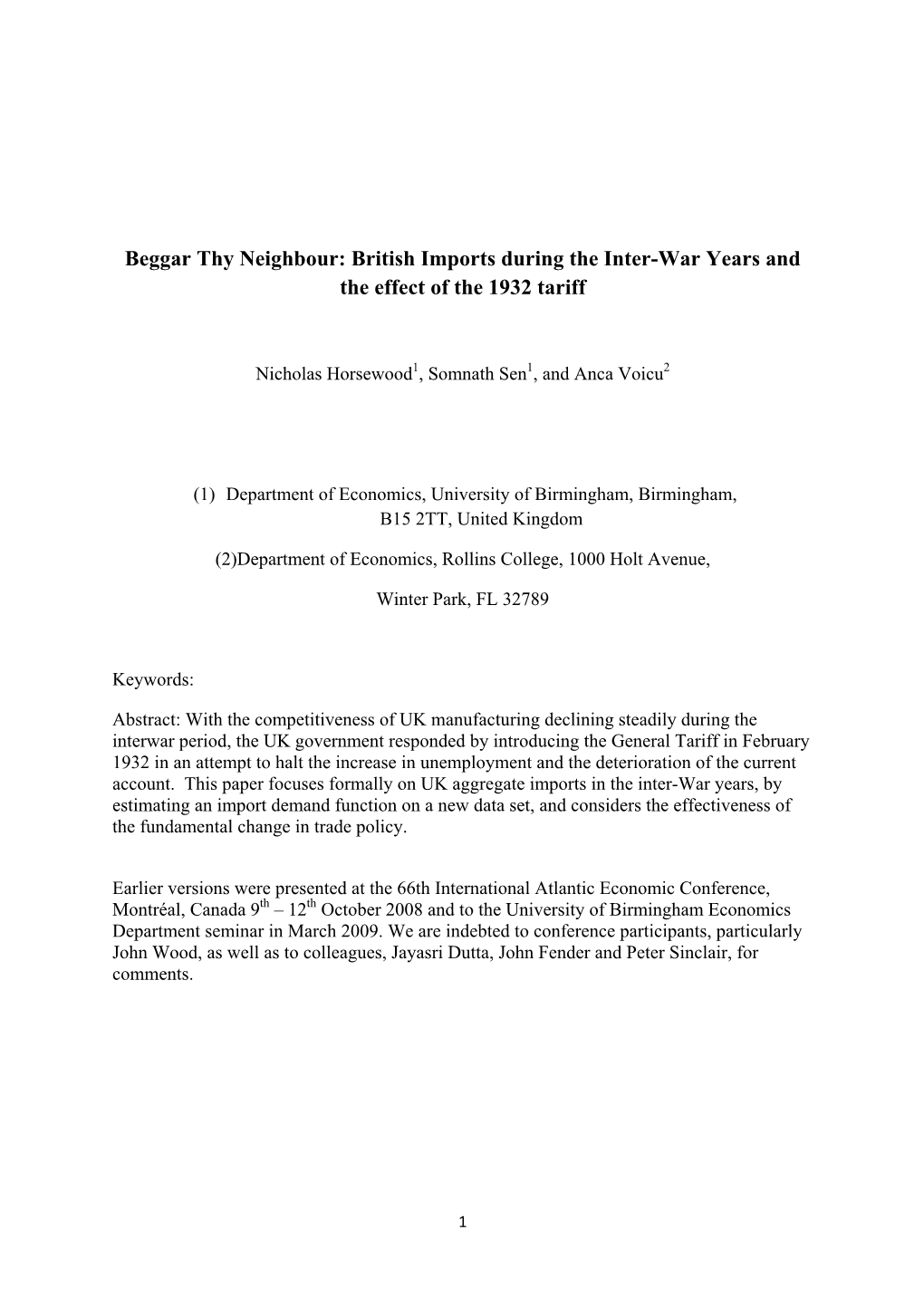 Beggar Thy Neighbour: British Imports During the Inter-War Years and the Effect of the 1932 Tariff