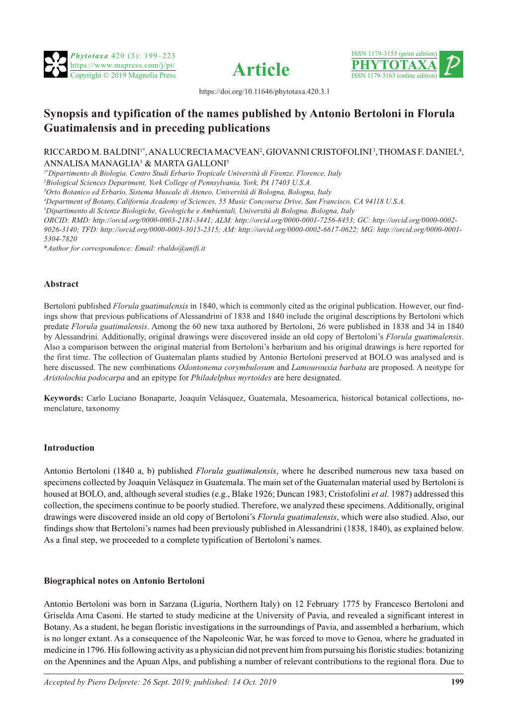 Synopsis and Typification of the Names Published by Antonio Bertoloni in Florula Guatimalensis and in Preceding Publications