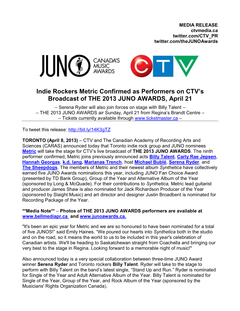 Indie Rockers Metric Confirmed As Performers on CTV's Broadcast of the 2013 JUNO AWARDS, April 21