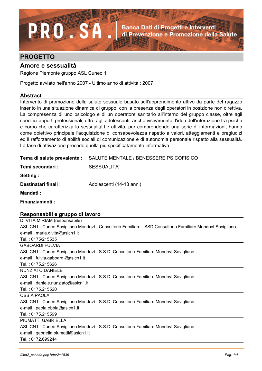 PROGETTO Amore E Sessualità Regione Piemonte Gruppo ASL Cuneo 1