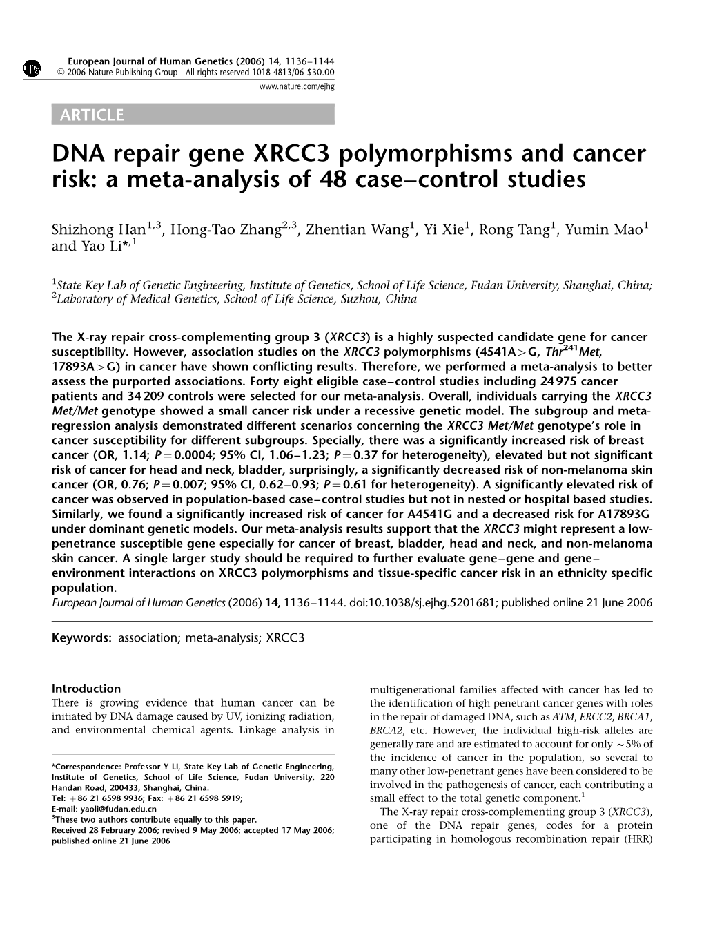 DNA Repair Gene XRCC3 Polymorphisms and Cancer Risk: a Meta-Analysis of 48 Case–Control Studies