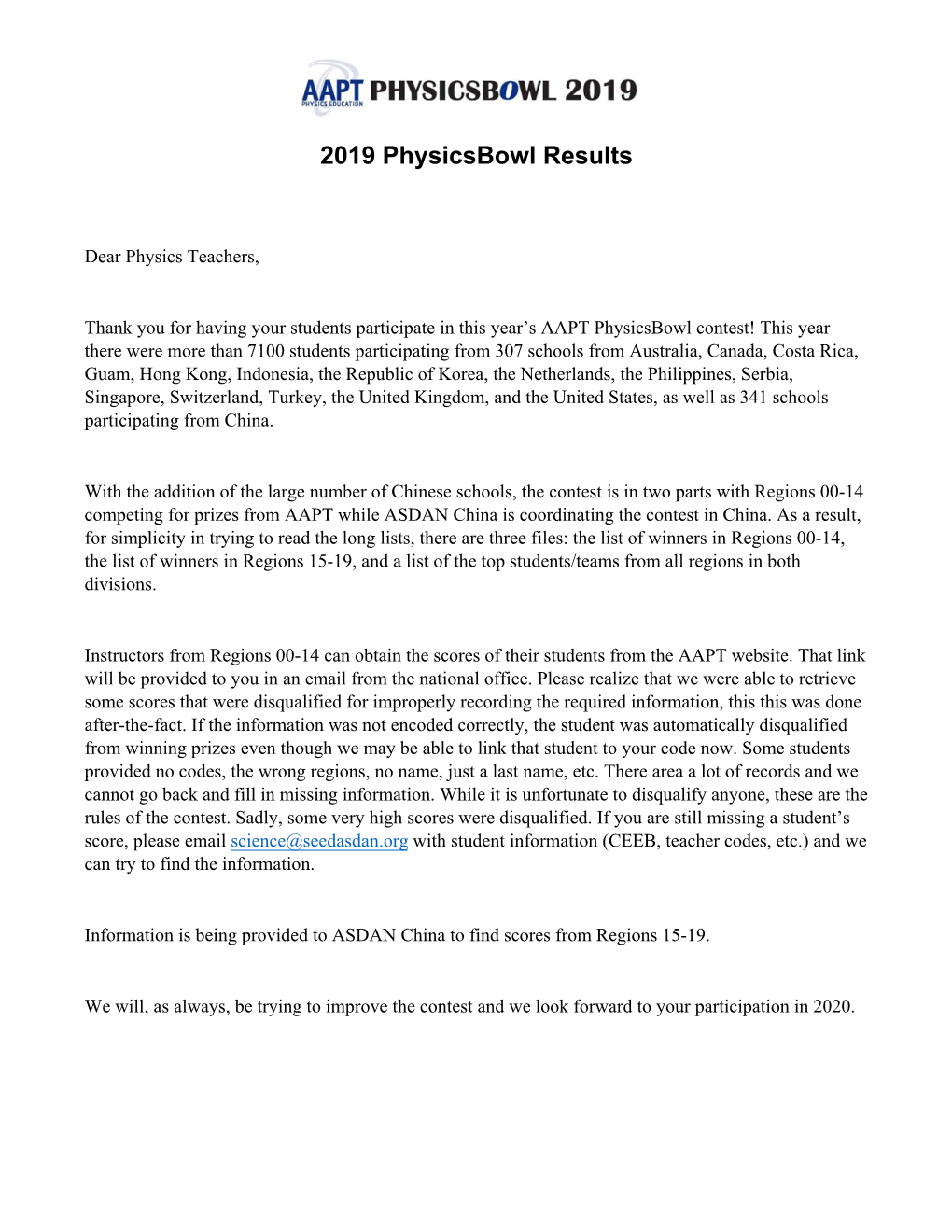 2019 Physicsbowl Results