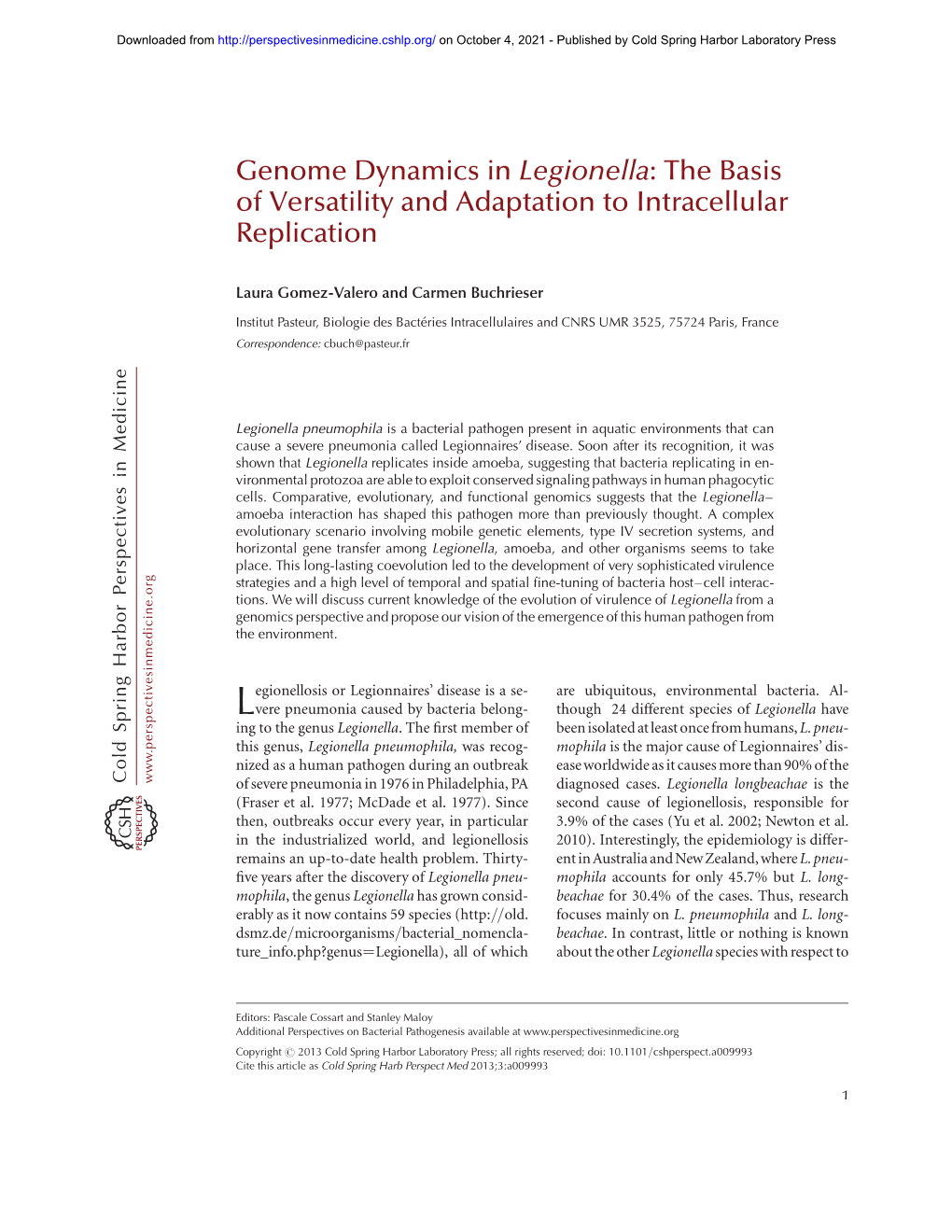 Genome Dynamics in Legionella: the Basis of Versatility and Adaptation to Intracellular Replication