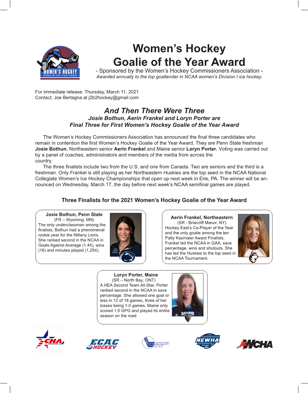 Women's Hockey Goalie of the Year Award