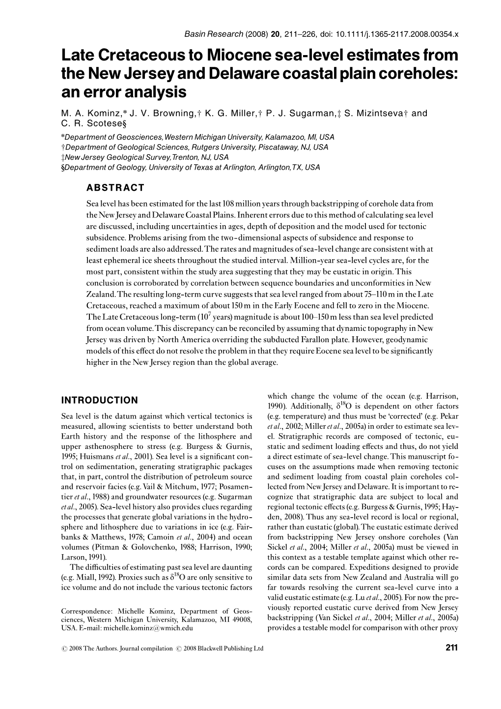 Late Cretaceous to Miocene Sea-Level Estimates from the New Jersey and Delaware Coastal Plain Coreholes: an Error Analysis M