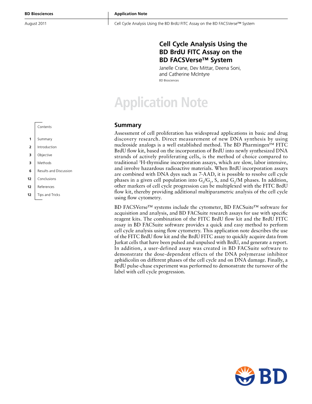 Cell Cycle Analysis Using the BD Brdu FITC Assay on the BD Facsverse™ System