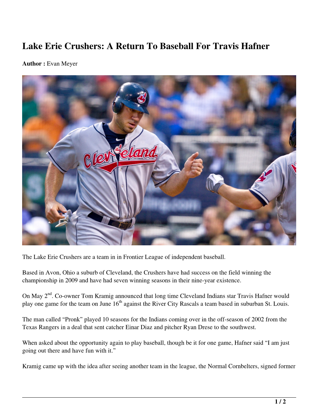 Lake Erie Crushers: a Return to Baseball for Travis Hafner