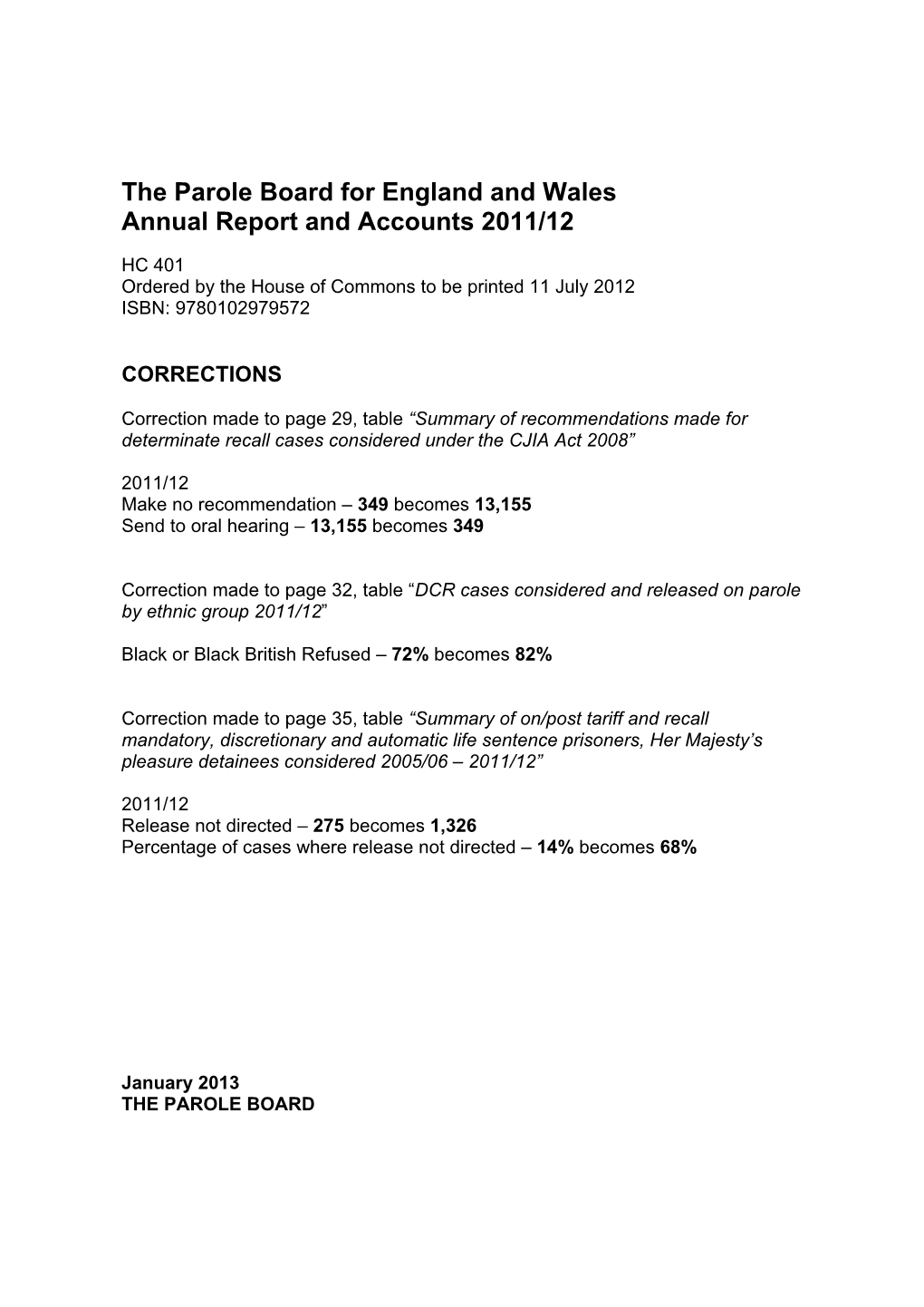 The Parole Board for England and Wales Annual Report and Accounts 2011/12
