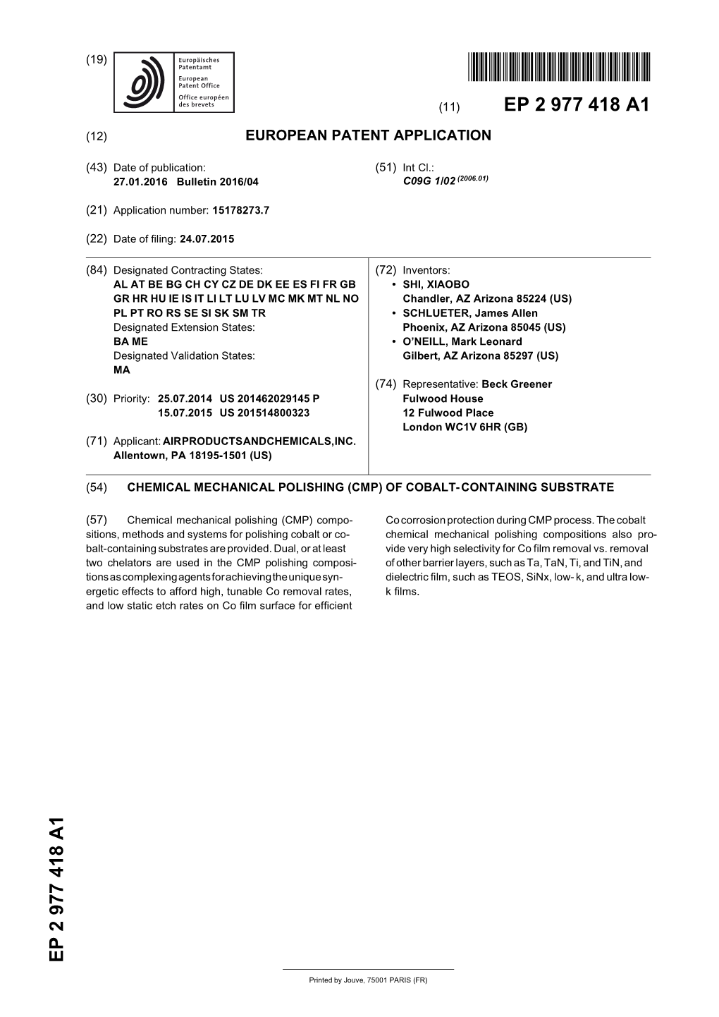 Chemical Mechanical Polishing (Cmp) of Cobalt-Containing Substrate