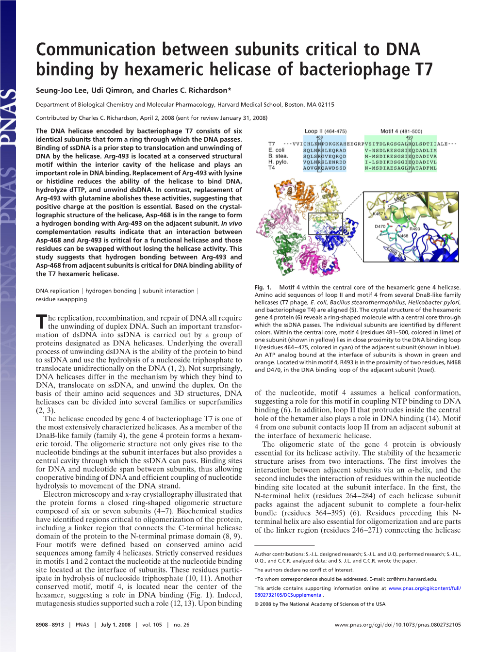 Communication Between Subunits Critical to DNA Binding by Hexameric Helicase of Bacteriophage T7