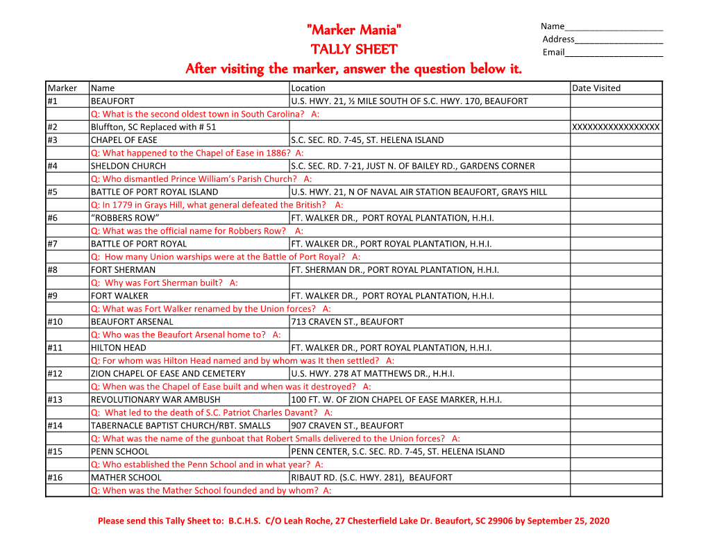 TALLY SHEET After Visiting the Marker, Answer the Question Below