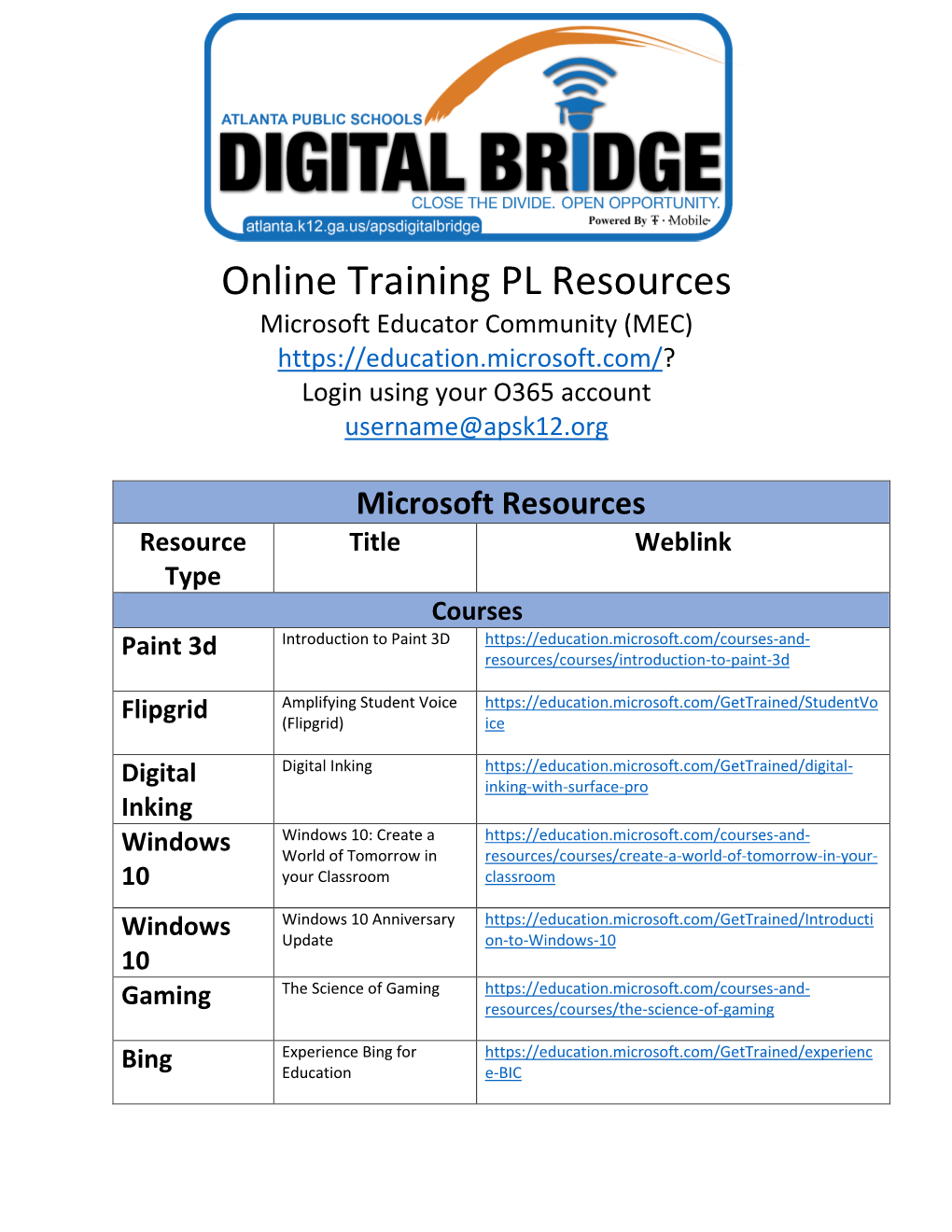 Online Training PL Resources Microsoft Educator Community (MEC) Login Using Your O365 Account Username@Apsk12.Org