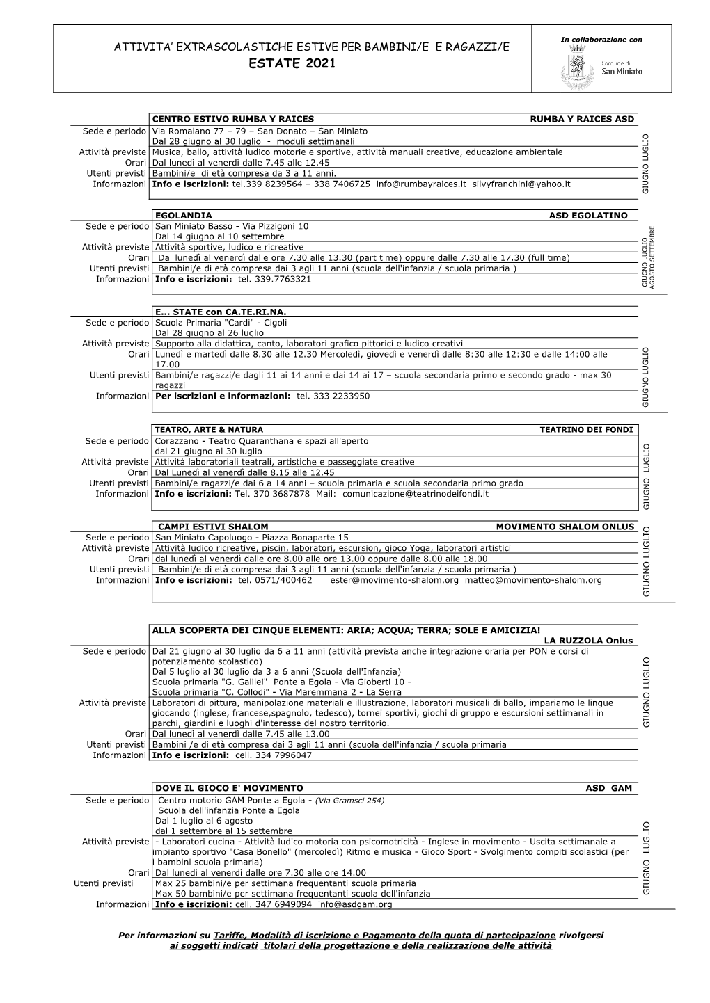 Calendario Attivita' Estive Associazioni 2021