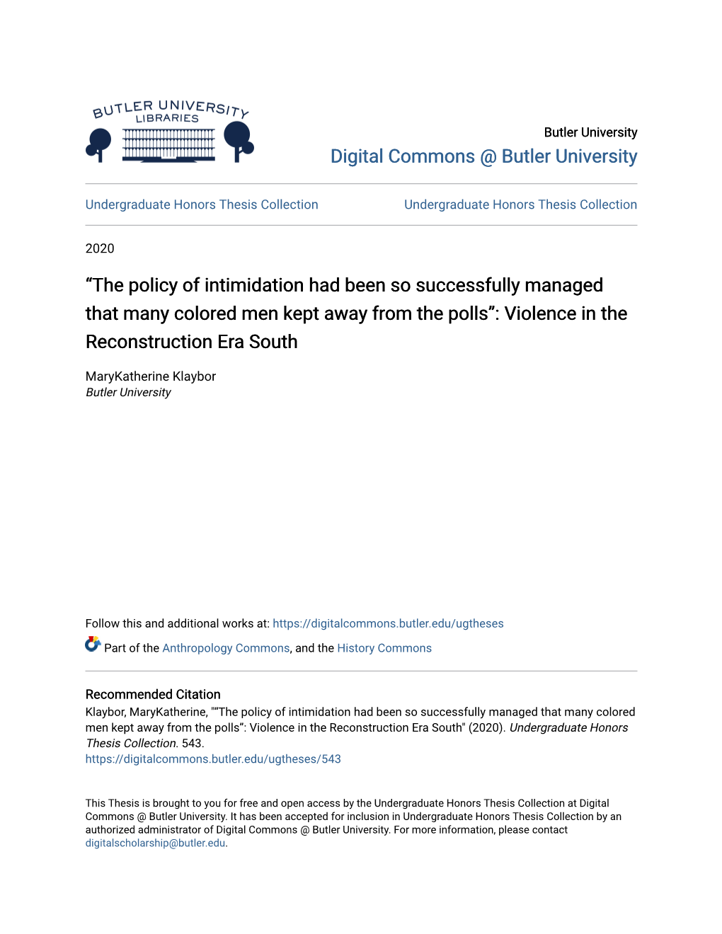 “The Policy of Intimidation Had Been So Successfully Managed That Many Colored Men Kept Away from the Polls”: Violence in the Reconstruction Era South