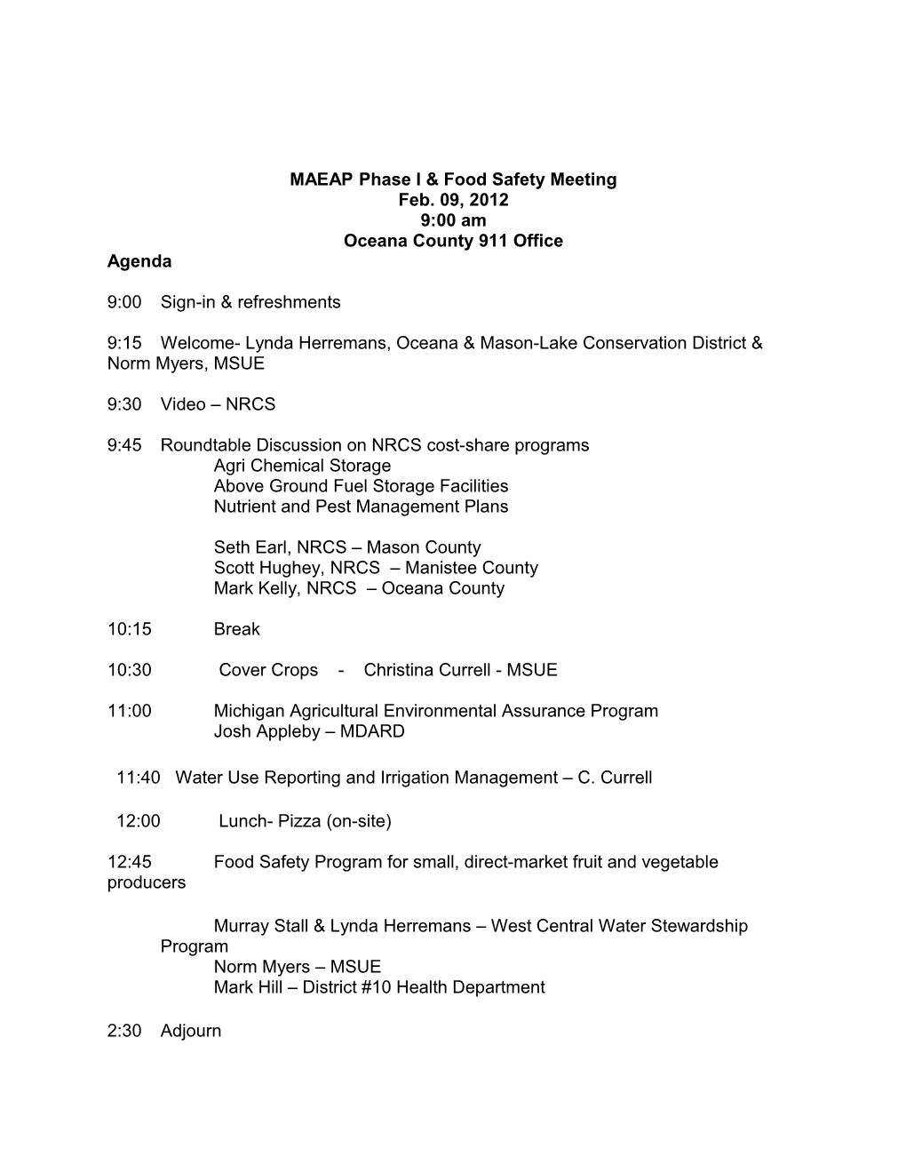 MAEAP Phase I & Food Safety Meeting