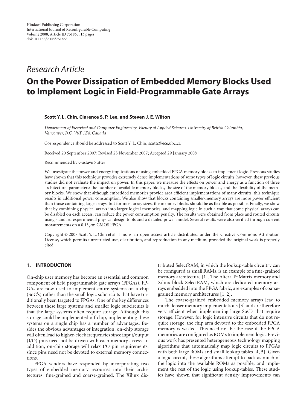 Research Article on the Power Dissipation of Embedded Memory Blocks Used to Implement Logic in Field-Programmable Gate Arrays