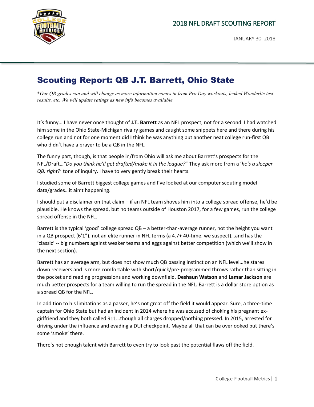 NFL Draft 2018 Scouting Report: QB J.T. Barrett, Ohio State